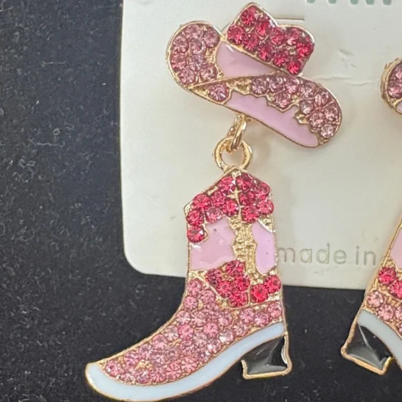 Mint Sparkling Pink and Gold Hat and Boot Earrings - Picture 2 of 3